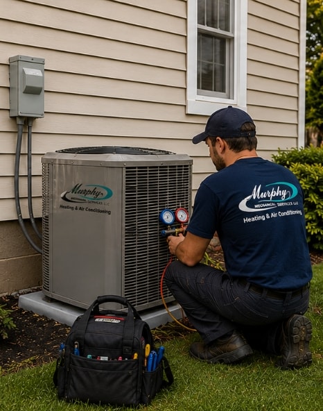 HVAC technician servicing an outdoor air-conditioning condenser